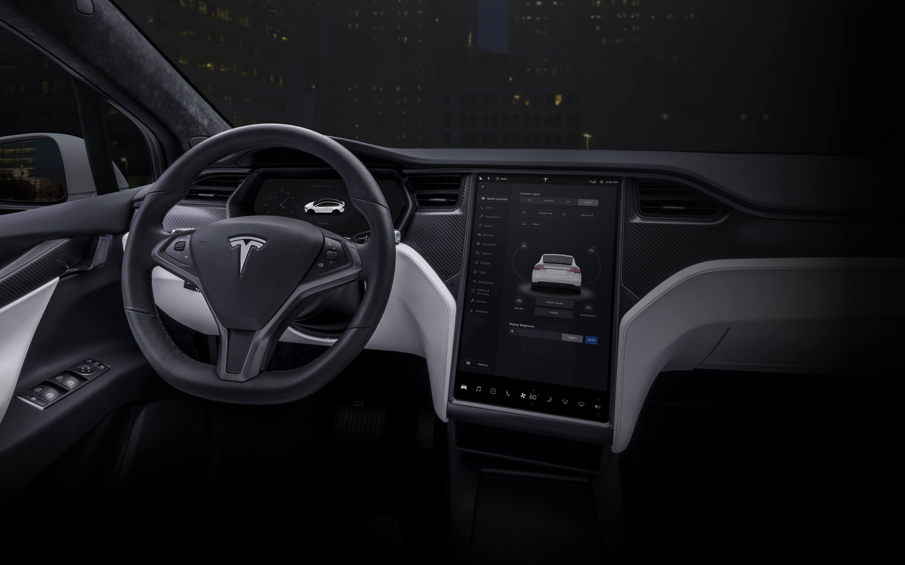 White Model X interior with 17" touchscreen and steering wheel